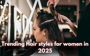 A hairstylist working on a woman’s hair in a modern salon, highlighting trending hairstyles for women in 2025. The text overlay emphasizes the latest styling trends in the beauty industry.