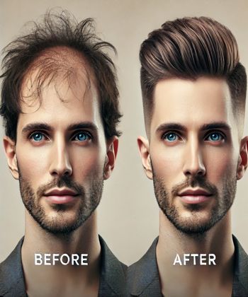 "A before-and-after comparison of short haircuts for men with thin hair, showing an unstyled look versus a fresh, stylish short cut that enhances volume and thickness."
