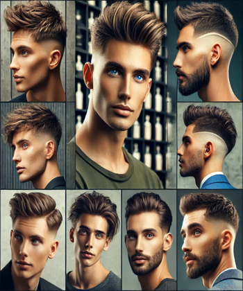 "A collage of different trendy haircuts for men with thin hair in 2025, showcasing short textured cuts, side-parted styles, faded haircuts, and voluminous top hairstyles."
