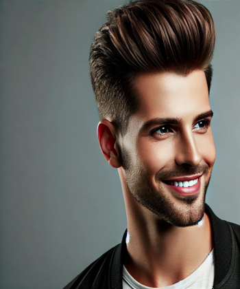  "A confident man with a fresh, stylish haircut, smiling and looking self-assured. The modern, voluminous haircut is designed to enhance thin hair, emphasizing confidence and style."