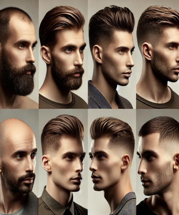  "A side-by-side comparison of different stylish haircuts for men with receding hairlines, featuring buzz cuts, textured crops, and slicked-back styles designed to complement and minimize the hairline."