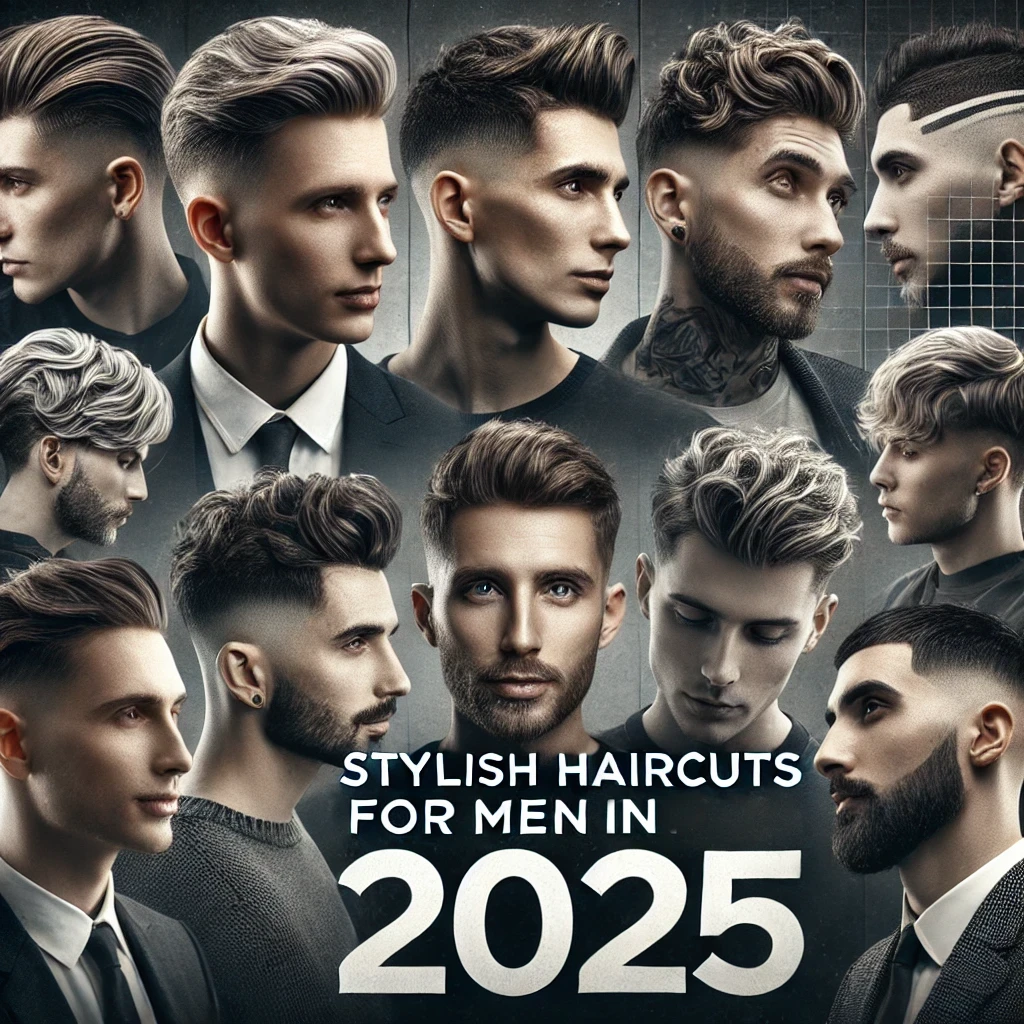 A stylish collage showcasing different trendy haircuts for men in 2025. The image features various modern hairstyles, including fades, undercuts, textured waves, and slicked-back styles, perfect for different face shapes and hair types.