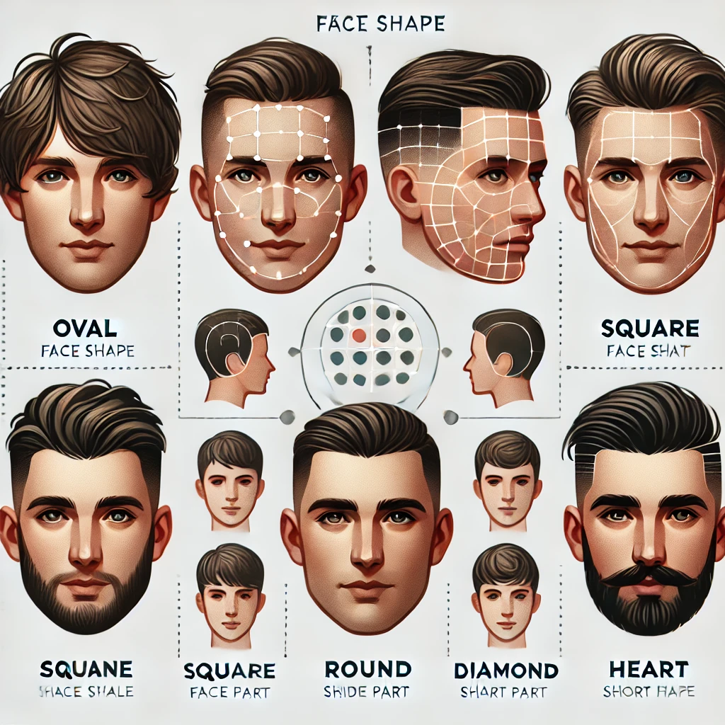 "An infographic showing how to choose the best haircut for men with thinning hair based on face shape, featuring oval, square, round, diamond, and heart shapes with suggested styles like textured cuts, side parts, and short fades."
