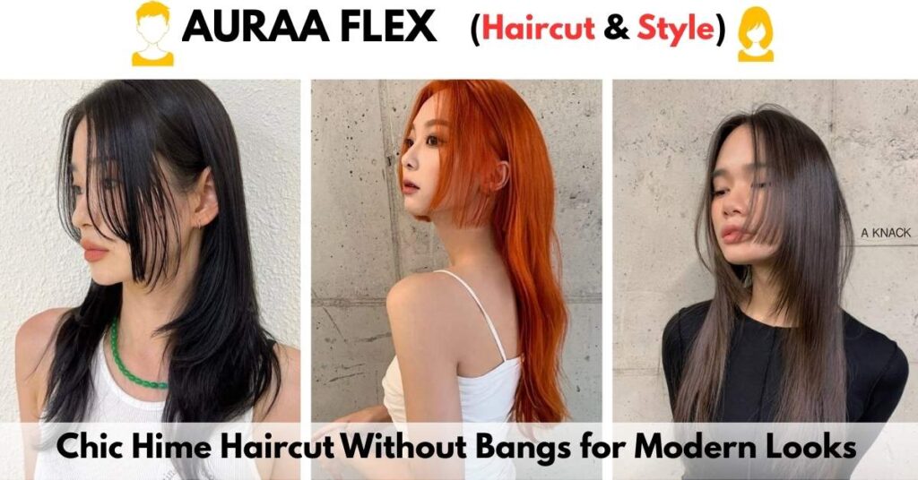 Three women showcasing variations of the Chic Hime Haircut Without Bangs—featuring sleek black hair with face-framing layers, long red hair with a modern side profile, and straight dark brown hair with soft curtain layers—for trendy and elegant modern looks.