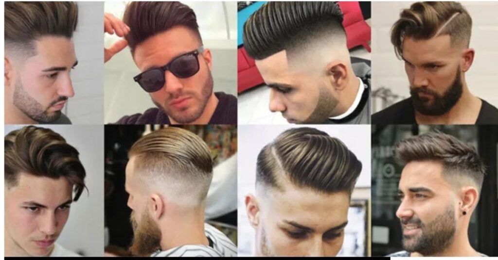 Various modern hairstyles showcasing popular haircut terminology for men, including fades, slick backs, undercuts, and textured cuts.