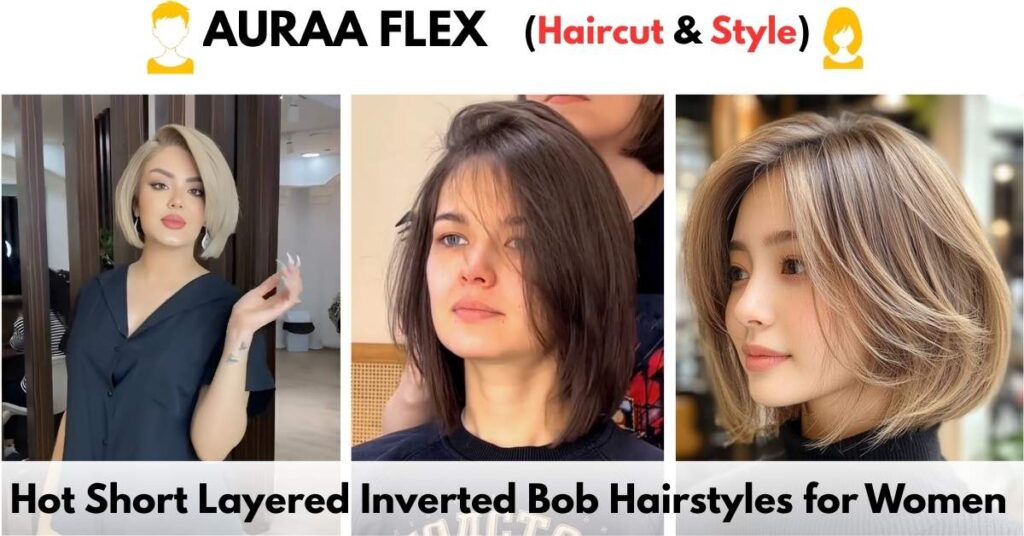 Three stylish women showcasing trendy Short Layered Inverted Bob Hairstyles with sleek, modern cuts, highlighting volume, layers, and texture for 2025.