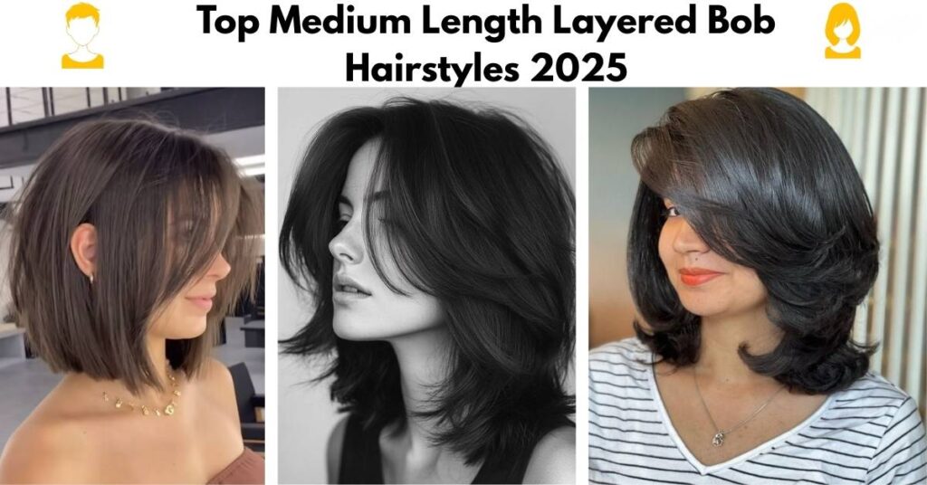 Collage showcasing top Medium Length Layered Bob Hairstyles for 2025, featuring three women with trendy layered bob cuts in different styles and textures.